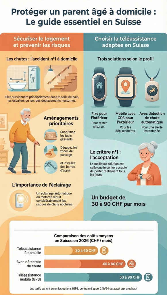 Infographie : protéger un parent âgé à domicile en Suisse — chutes, téléassistance et coûts mensuels