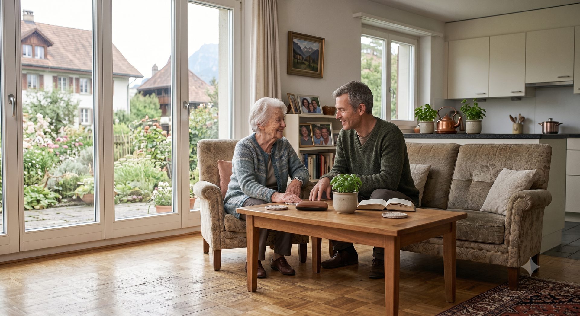 Une mère âgée et son fils adulte discutent, complices, dans le salon à domicile en Suisse romande