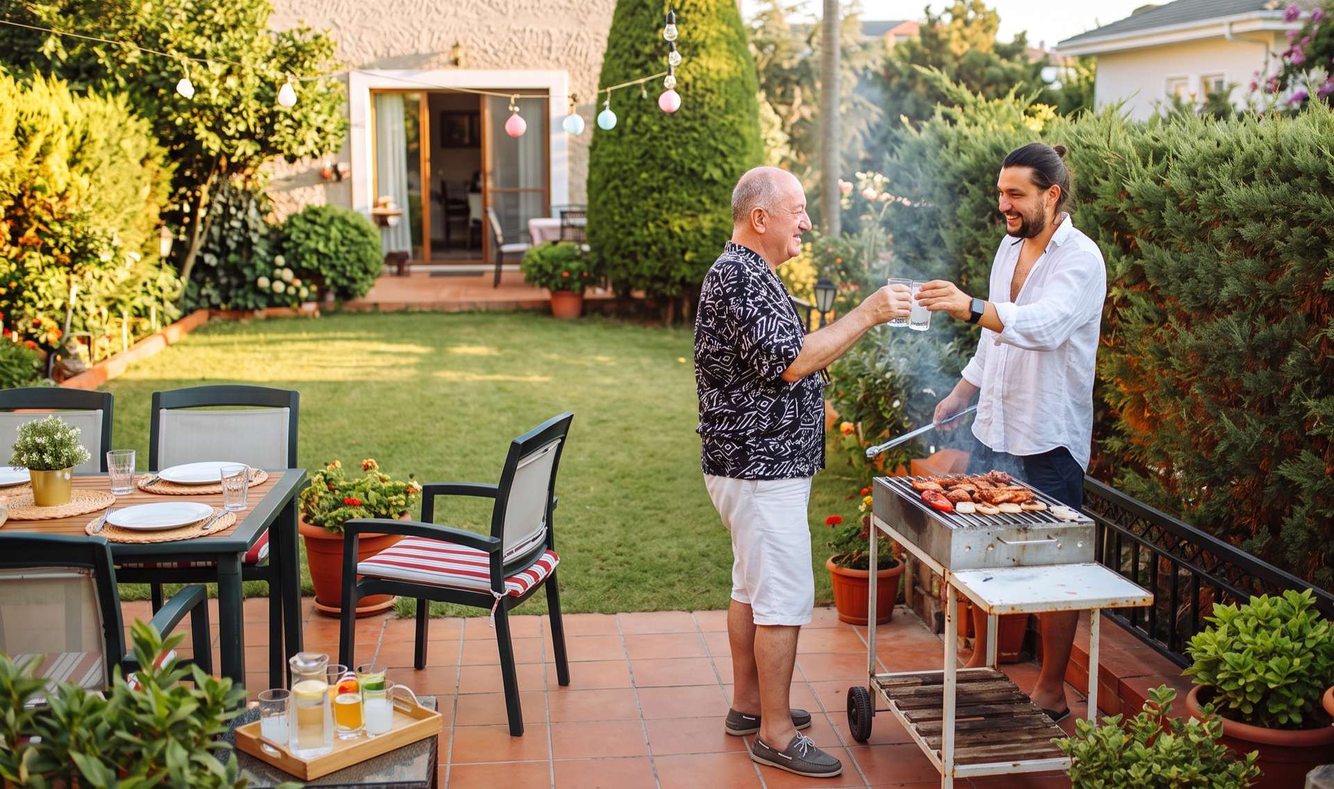 Un homme âgé et son fils lors d’un barbecue au jardin — profiter de la vie chez soi en sécurité